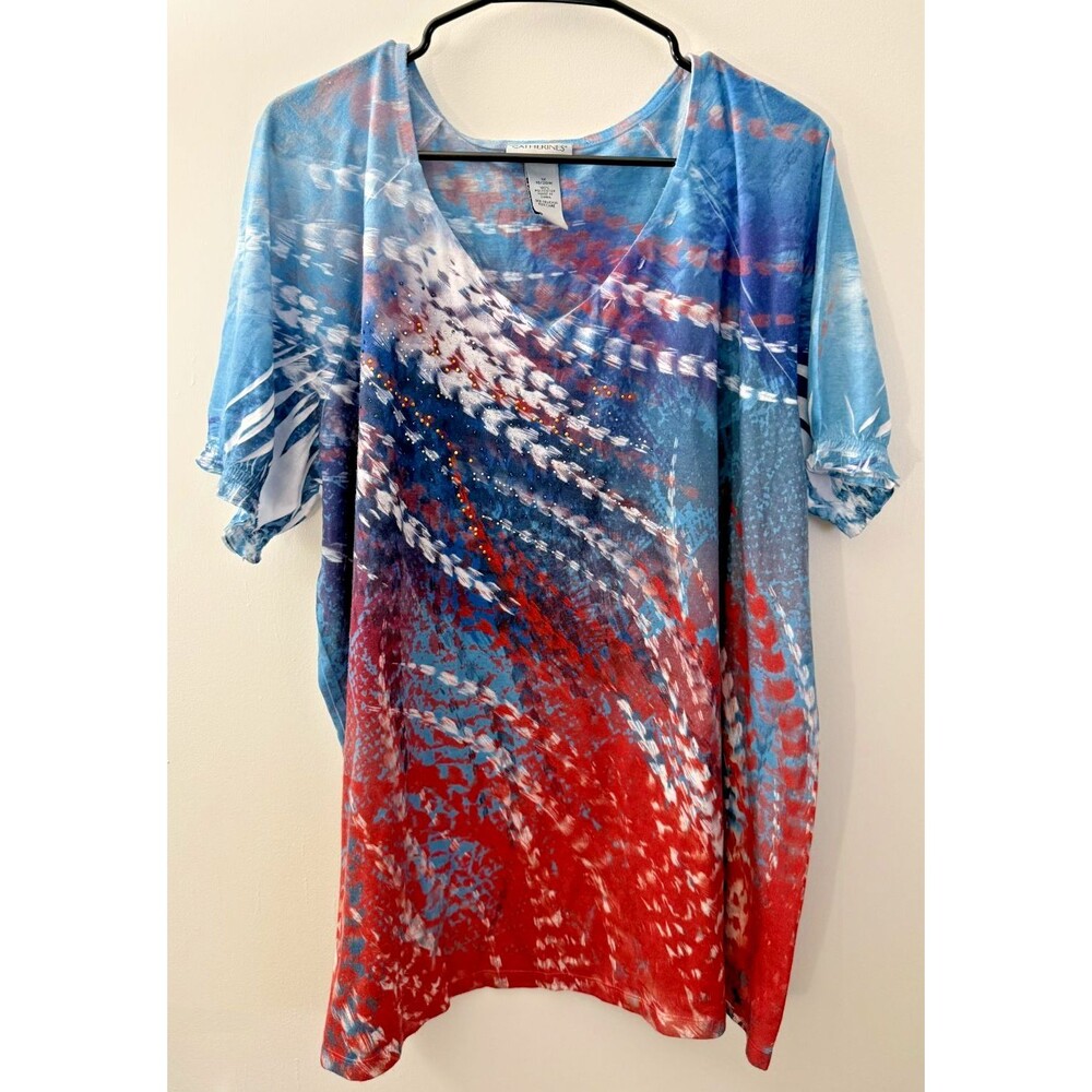 Americana Tie Dye V-neck Top Women's 1X Hippie Red Blue Sparkle Bling